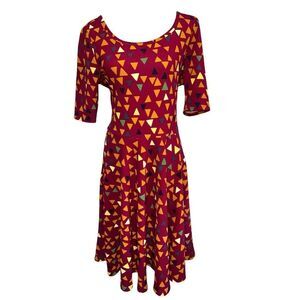 LulaRoe Nicole Dress Size 2XL Maroon Multi Colored Triangle Fit Flare A Line